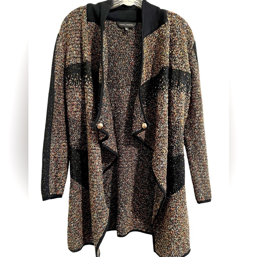 Ming Wang Cardigan Sweater Women’s Size Small Black Multicolor Confetti‎ Open